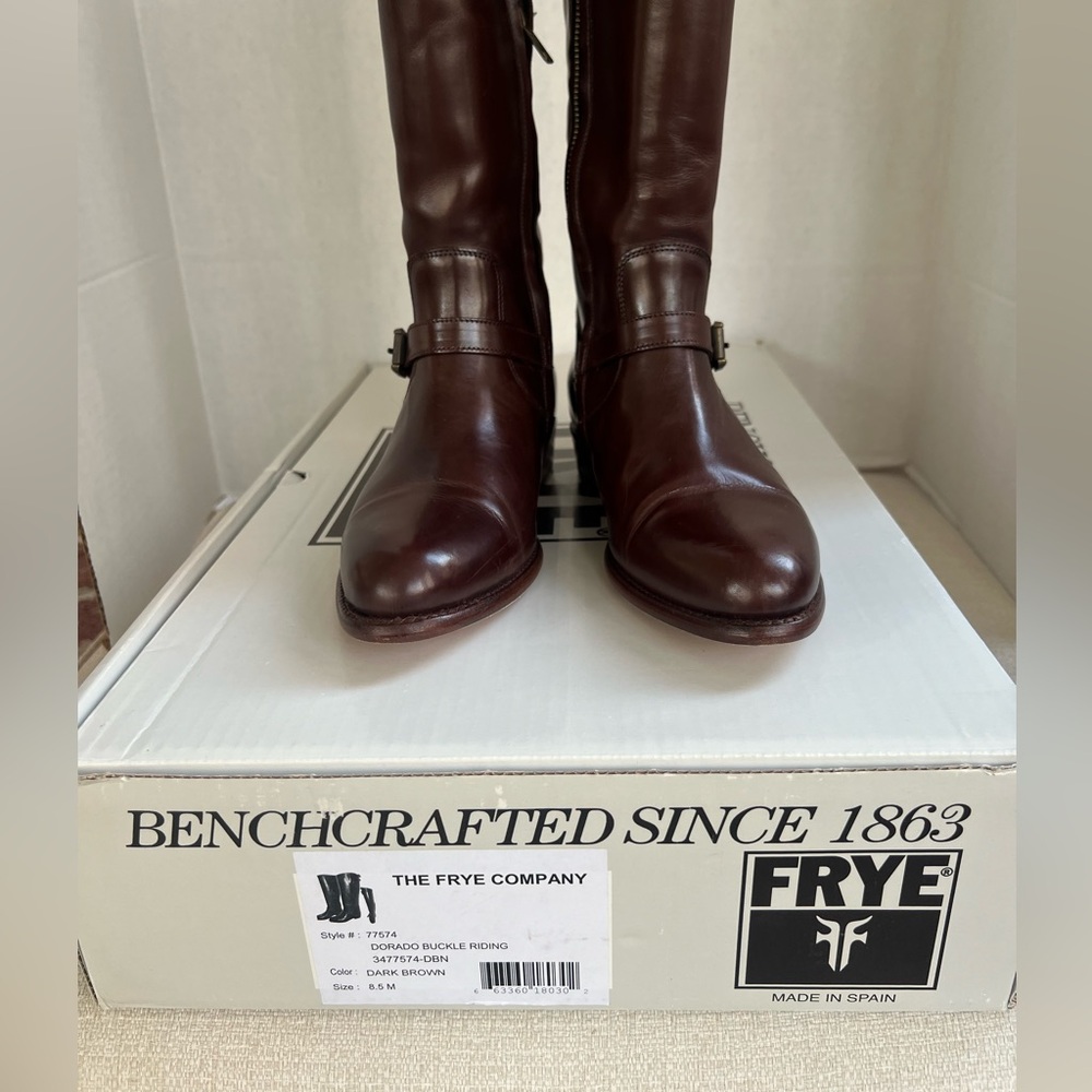 Frye Dorado Buckle Brown Tall Leather Boots 8 Box says 8.5 - Picture 15 of 15
